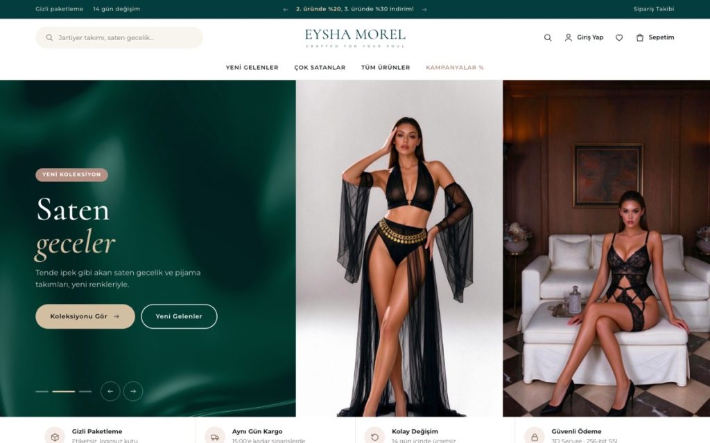 Eysha Morel e-ticaret sitesi ana sayfası – Lumikod referansı
